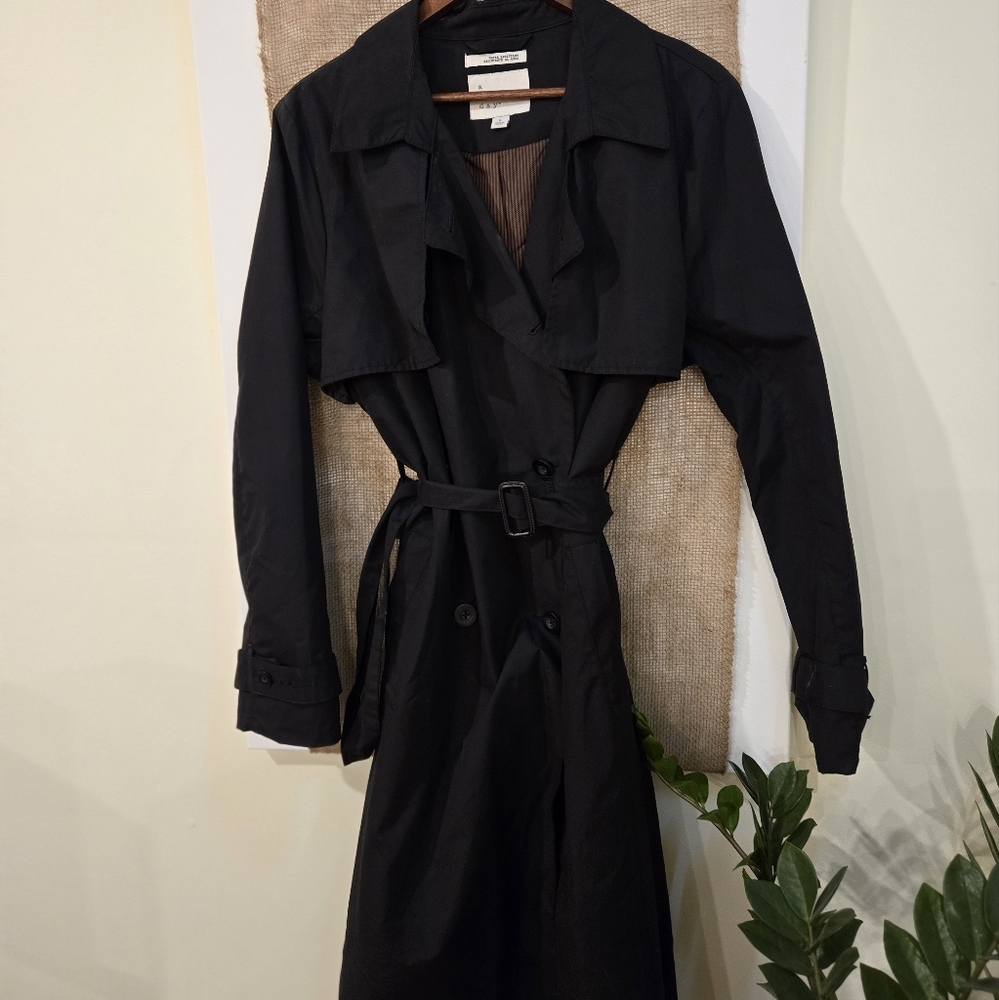 Black full length trench coat. Size Large